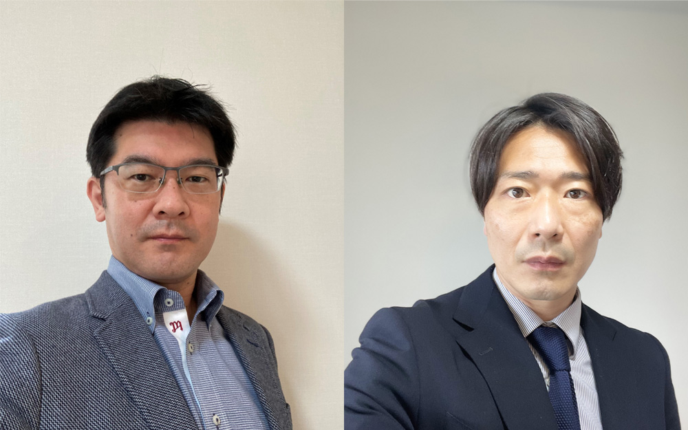 このシステムを担当する、同社産資営業企画部開発推進グループ長の丹下真也さん(左)と、機能資材第二部機能不織布・製品課の西川知宏さん(右)